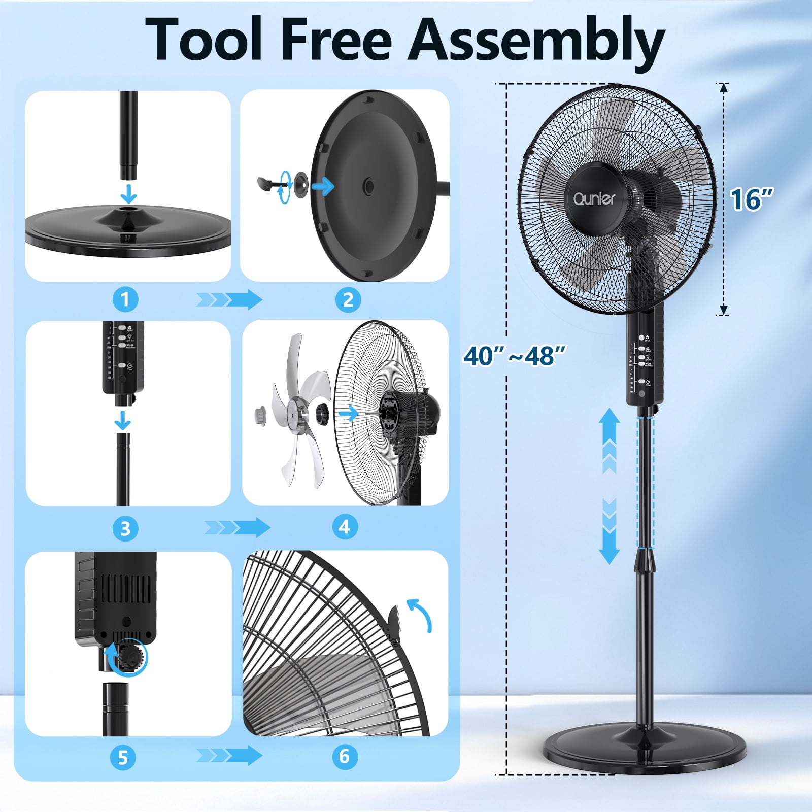 16" Pedestal Fan with Remote, 3-Speed Height Adjustment Standing Fan 10H Timer Oscillating Cooling Fan for Bedroom Home Office(Black)