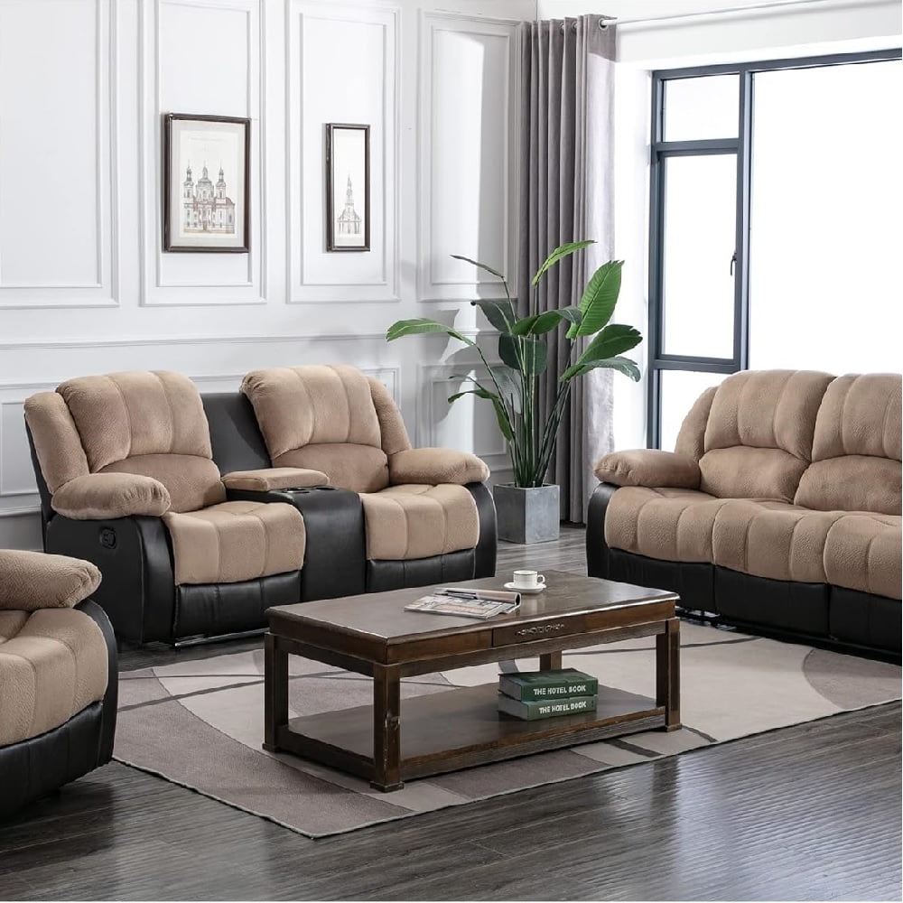 Nathaniel Home Manual Reclining Sofa, PU Leather Upholstered Double Recliner Loveseat, 2-Seater Home Theater Seating with Console, Arm Sofa Recline Chair for Living Room, Beige