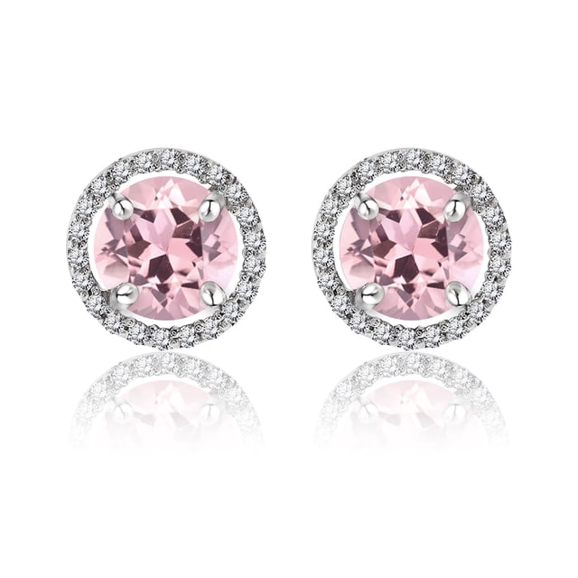Pendientes de Botón de 1,25 Quilates con Halo de Turmalina Rosa de Talla Redonda con Piedra Natal de Octubre en Oro Blanco de 18 K sobre Plata JeenMata