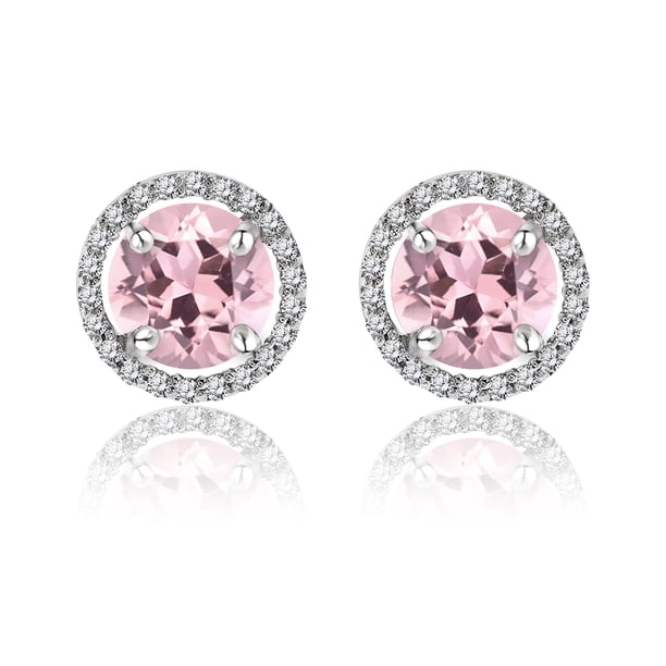 Pendientes de Botón de 1,25 Quilates con Halo de Turmalina Rosa de Talla Redonda con Piedra Natal de Octubre en Oro Blanco de 18 K sobre Plata JeenMata
