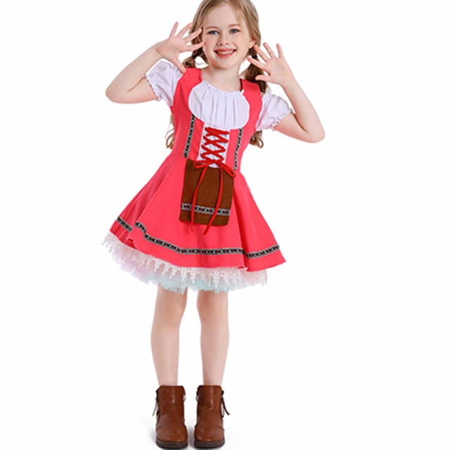 Huvoen Robe de Bal à Manches Courtes Oktoberfest pour Filles, Col Rond, Smockée, à Nouer, Ligne A, Volants, Fluide, Halloween, Rose P