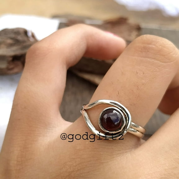 Handmade Sterling Silver Garnet Ring - Dainty Hook Style Design