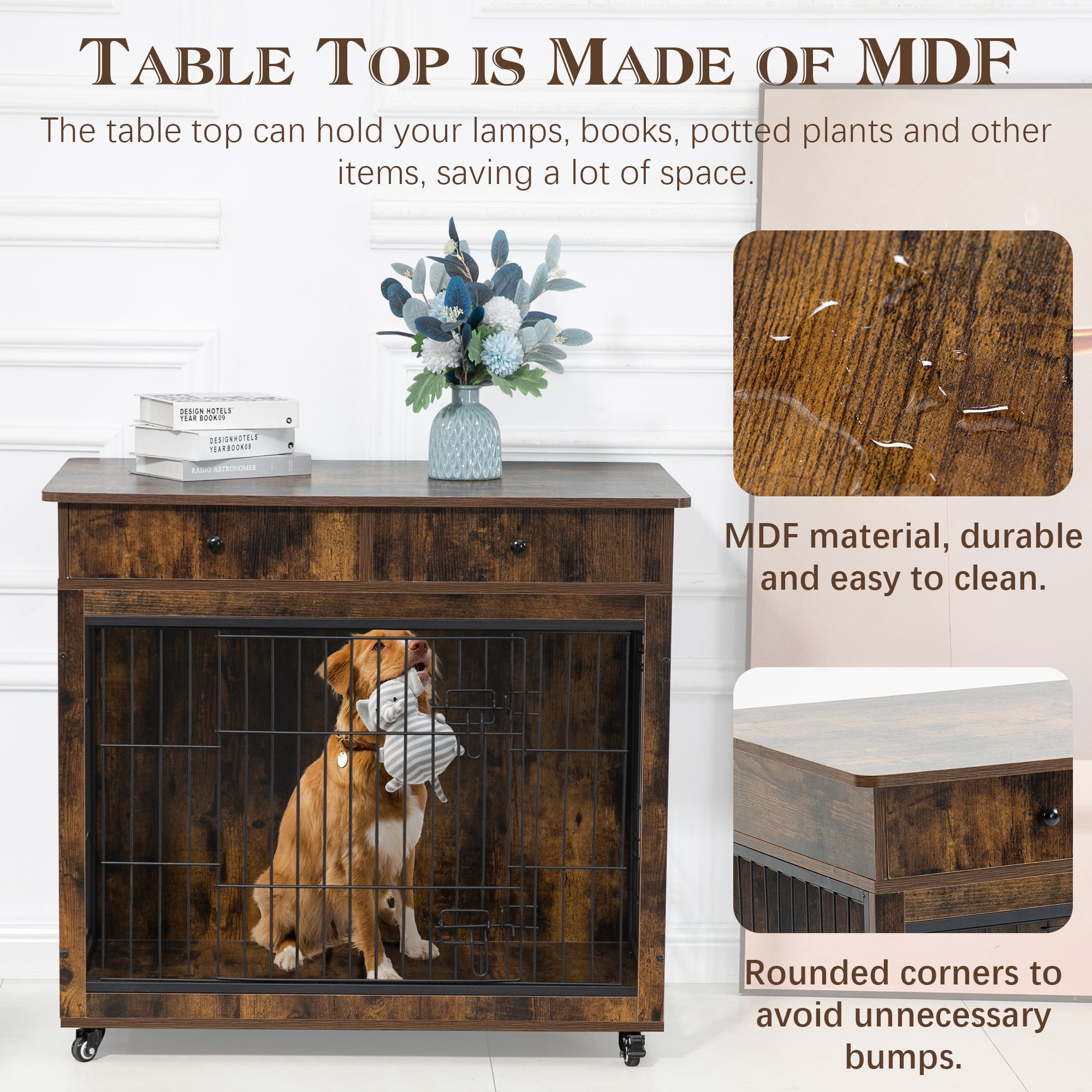 Pefilos 38" Wooden Dog Crate Furniture, Dog Kennel with Drawer, Indoor Dog House for Large Dog, Steel-Wire Dog Cage, Chew-Proof, Brown Pefilos 38" Wooden Dog Crate Furniture, Dog Kennel with Drawer, Indoor Dog House for Large Dog, Steel-Wire Dog Cage, Chew-Proof, Brown