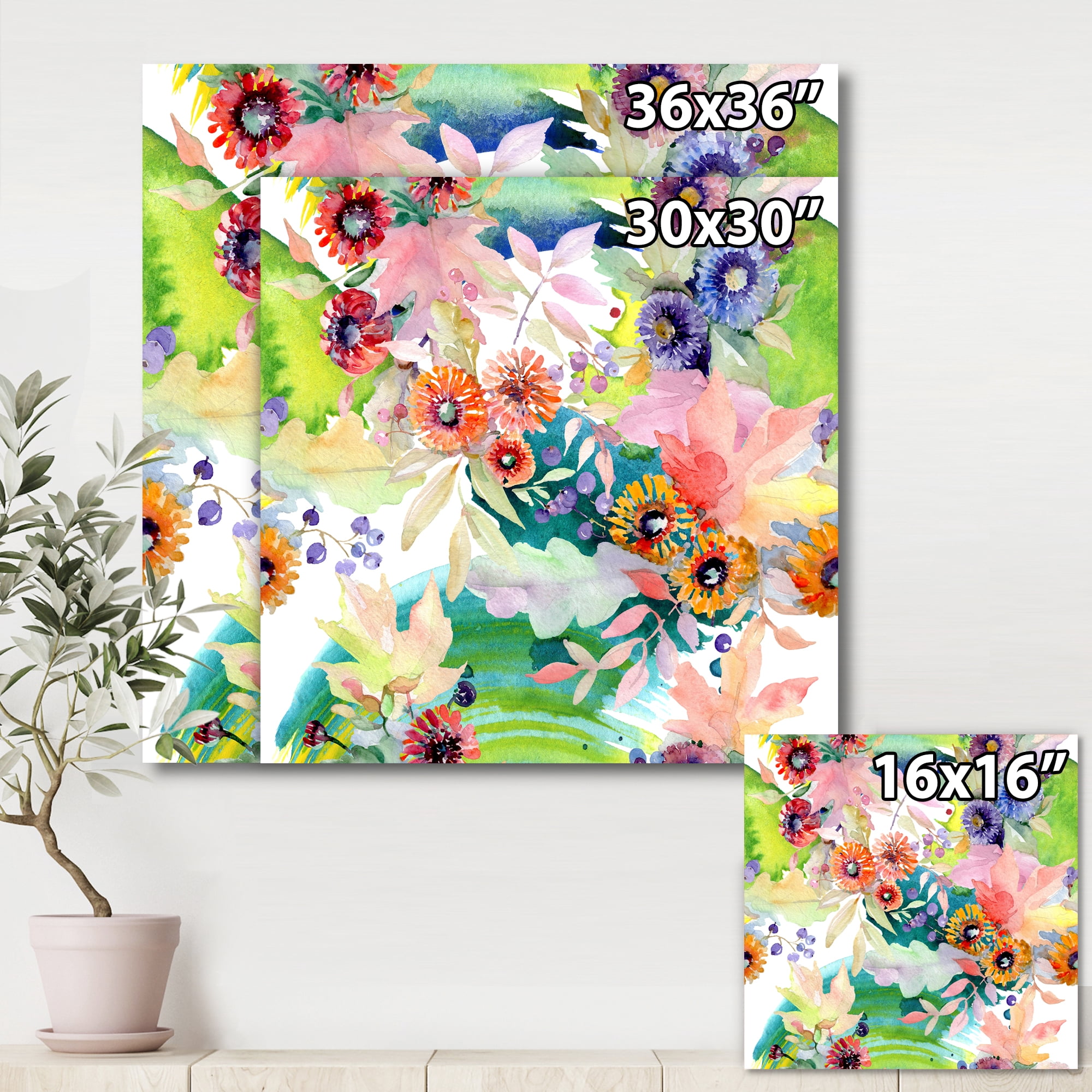 Wildflowers and Vibrant Wild Spring Leaves II 30 in x 30 in Painting Canvas Art Print, by Designart