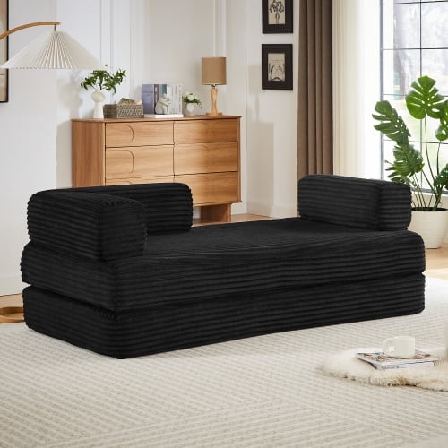76" Plush Sleeper Loveseat Couch, Pull-Out Couch Bed with Corduroy Fabric, Convertible Loveseat Sofa Bed with Sponge Support for Living Room, Black