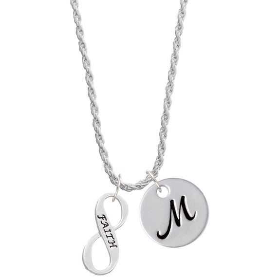 Delight Jewelry Silvertone Faith Infinity Sign Silvertone Script Initial Disc - M - Charm Necklace, 20"+3"