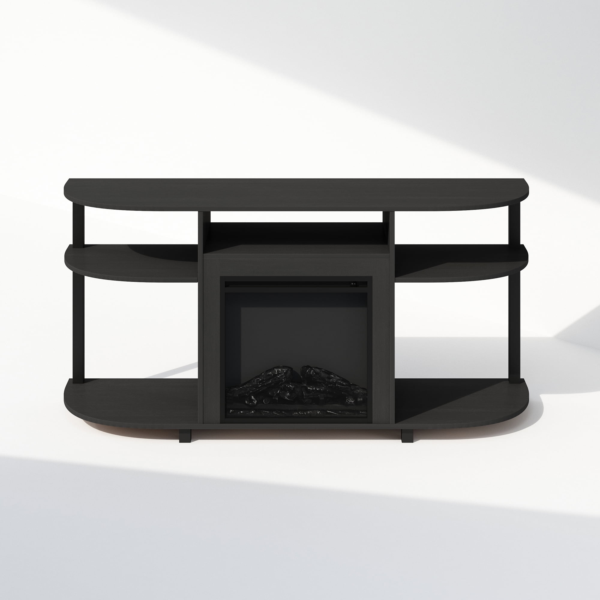 Furinno Jensen No Heat Decorative Electric Fireplace TV Stand, Entertainment Center for TV up to 55 Inch with Curved Open Storage, Americano