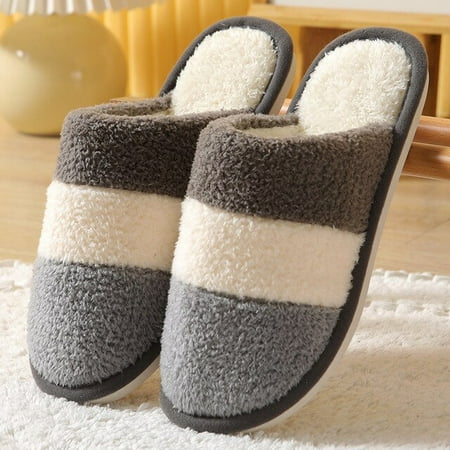 

CoCopeaunt New Winter Couple Slippers with Striped Cotton Slippers Plush Home Comfort Men and Women Cotton Slippers Warm Slippers