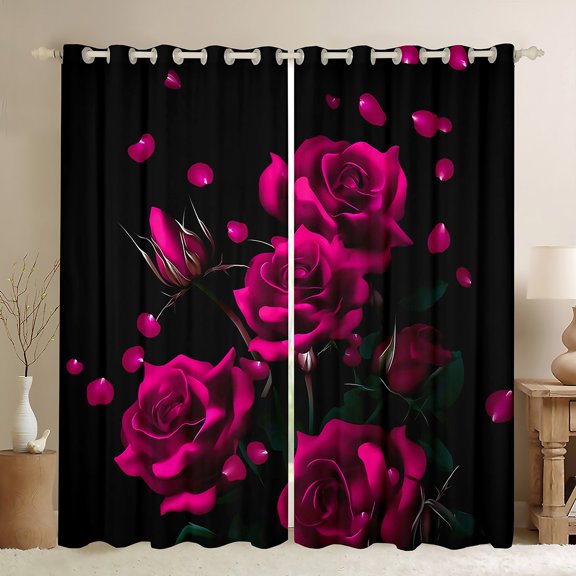 Manfei Couple Valentines Day Black Out Curtains, Pink Flower Floral Curtains Pack of 2 (42x63 Each), Chic Botanical Rose Bedroom Curtains, Curtains and Drapes Decor