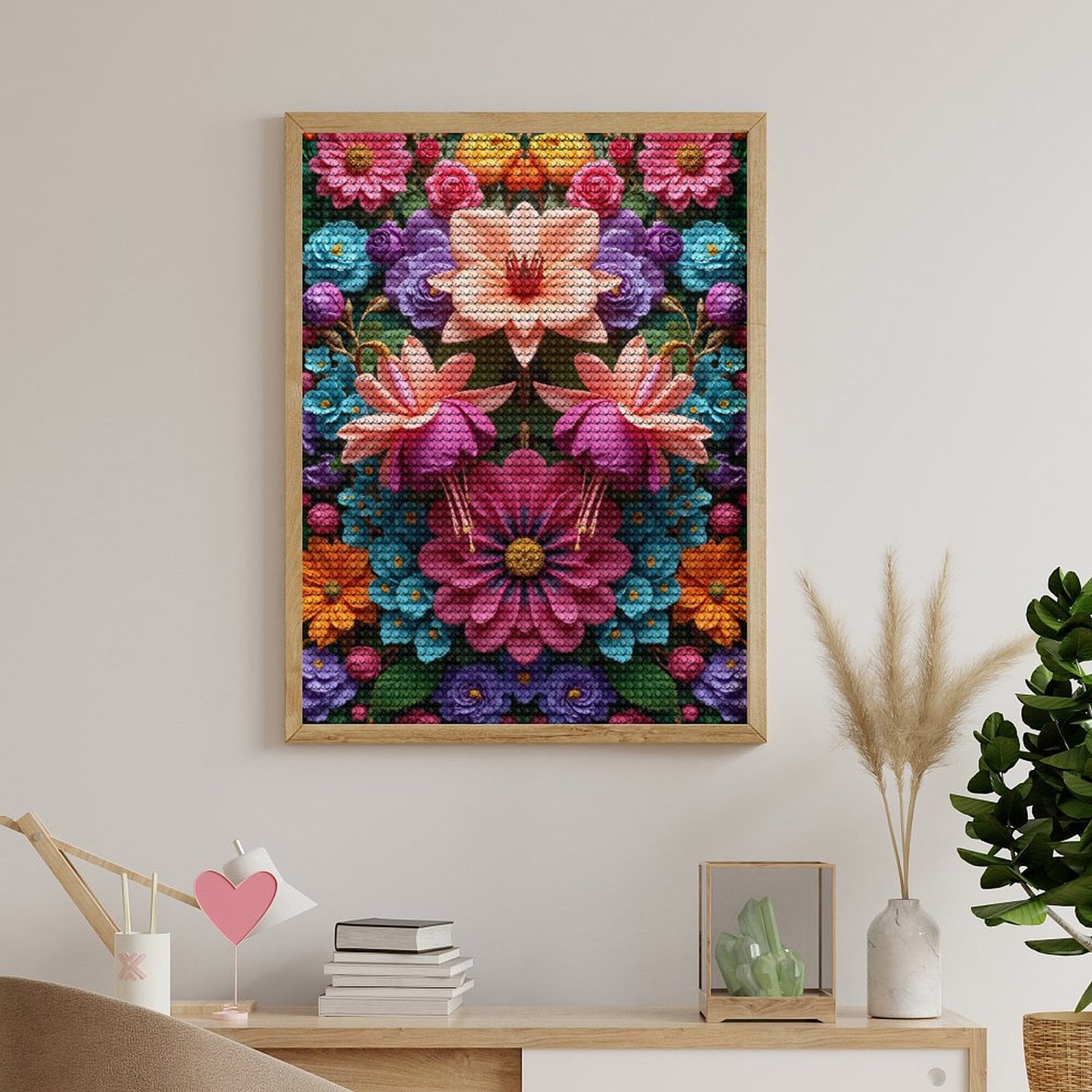 Diamond Art Kits for Adults, Colorful Floral Symmetry Art Print 5D Diamond Painting Kits for Adults Beginners, DIY Full Drill Diamond Painting, Gem Art and Crafts 12x16