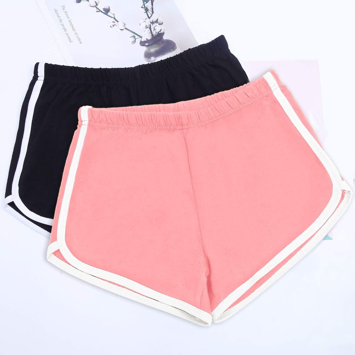 2 Pack Cotton Sport Shorts Yoga Dance Short Pants Summer Athletic Shorts,  Black, Signal Red (L) 