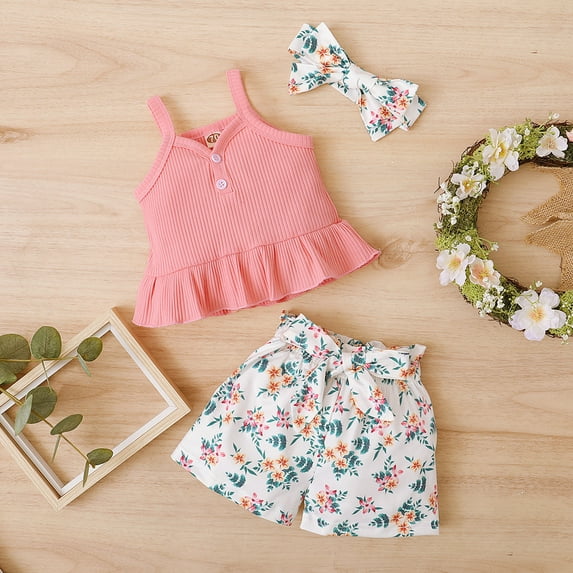 AURIGATE Newborn Infant Baby Girls Solid Ribbed Tops+Flower Print Shorts +Headband Sets Clearance