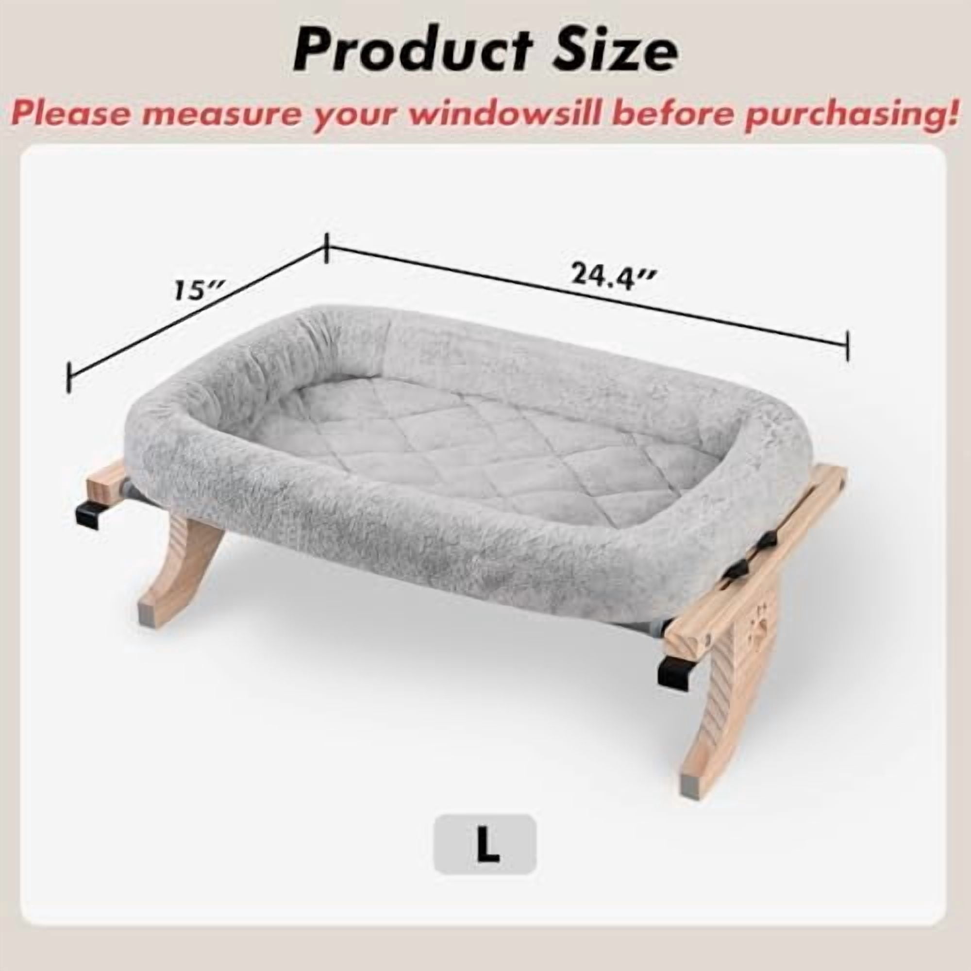 Cat Sill Window Perch Sturdy Hammock Window Seat with Cushion Cover, Wood & Metal Frame for Large Cats, Easy to Adjust Cat Bed for Windowsill, Bedside, Drawer and Cabinet (L)