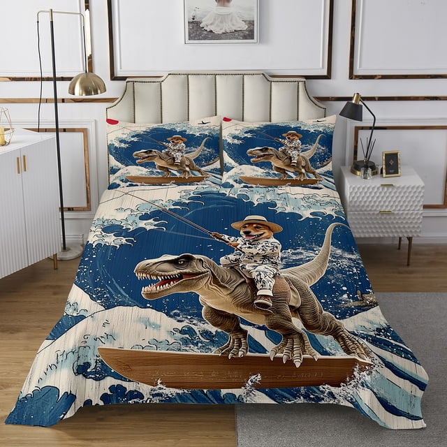 Erosebridal Dog Riding Dinosaur Coverlet Set King,Cartoon Wildlife Bedding Set,Animal Decor,Ultra Soft,3 Pieces