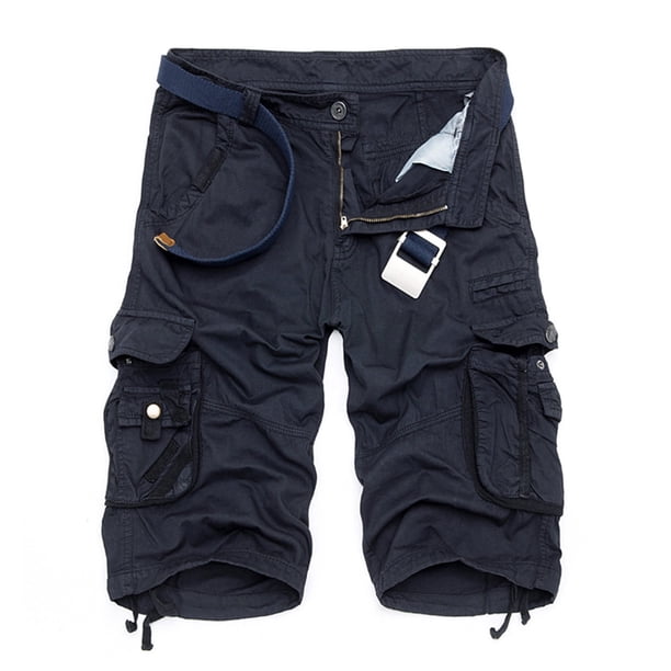 Pantalones cortos cargo cllios para hombre, talla grande, con cremallera, botones, cintura elástica, cinco bolsillos, color liso, transpirables, para verano, senderismo, azul oscuro, talla 2XL