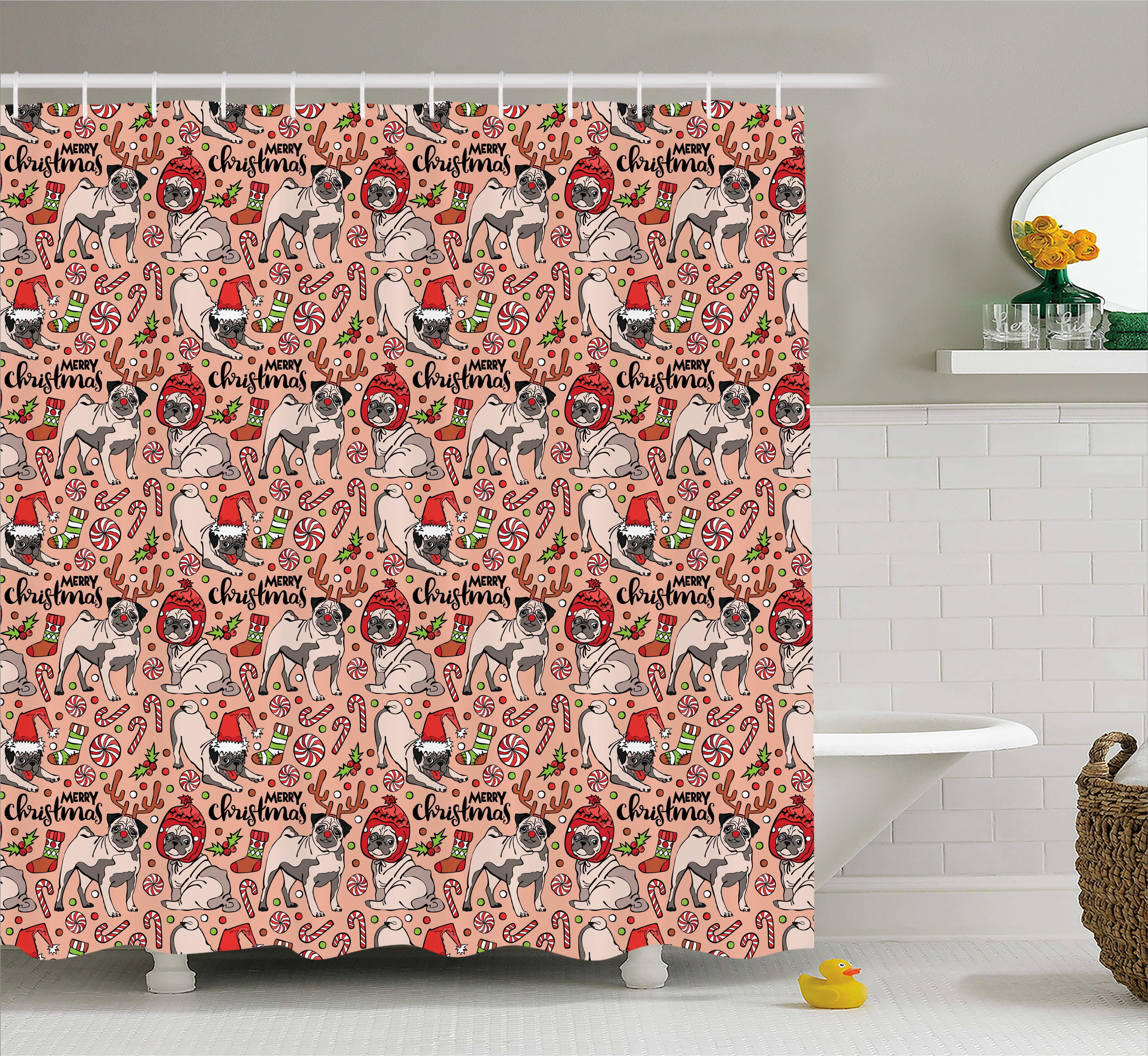 Pug Shower Curtain, Merry Christmas Dogs Celebrating The Holiday Comedy
