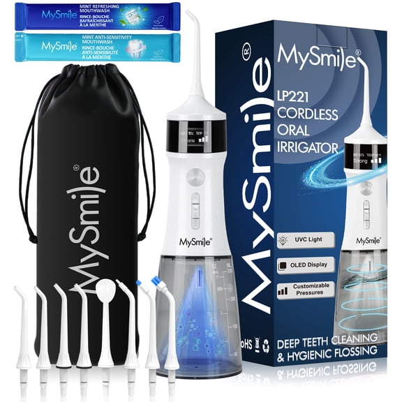 MySmile LP221 OLED Cordless Water Flosser with UVC Sterilizer Light, Portable Oral Irrigator Electric Dental Flosser Picks for Teeth Cleaning, Braces, Gums, 5 Modes, 8 Jet Tips, Travel Bag, White