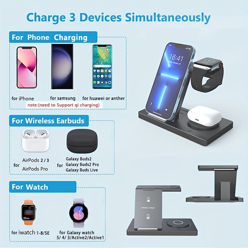 General-5 In 1 Fast Charging Dock Station - Foldable Wireless Charger Pad with Magnetic Base - for iPhone 15 14 13 12, for iWatch 9 8 7 6/for Samsung for galaxy Watch 5 Pro/4/3/Active 2 1 for airpods