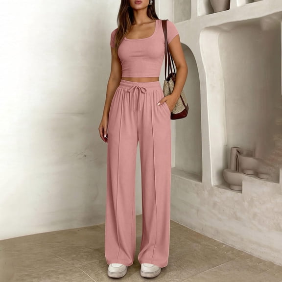 Mifsaly 2 Piece Vacation Sets for Women Ribbed Square Neck Crop Top and Drawstring Wide Leg Pants Summer Casual Cozy Daily Wear Travel Matching Lounge Outfits with Pockets Pink,XXL