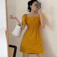 thumbnail image 4 of Robes pour Femmes Robe d'Été Robe Élégante Vêtements pour Femmes Grande Taille Style Français Encolure Carrée Manches Courtes Robes Jaune/blanc, 4 of 6