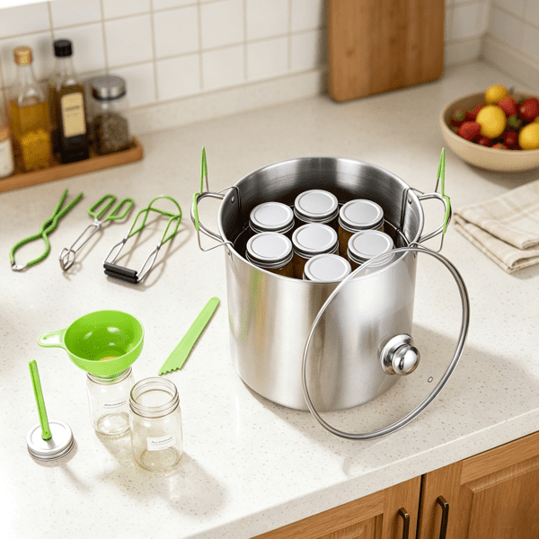 9 Piece Stainless Steel Water Bath Canning Starter Kit, Includes Pot, Rack, Lid, Funnel, Tongs, Jar Lifter, Wrench, Magnetic Wand & Bubble Popper, for Beginners（Excluding Glass Jars）