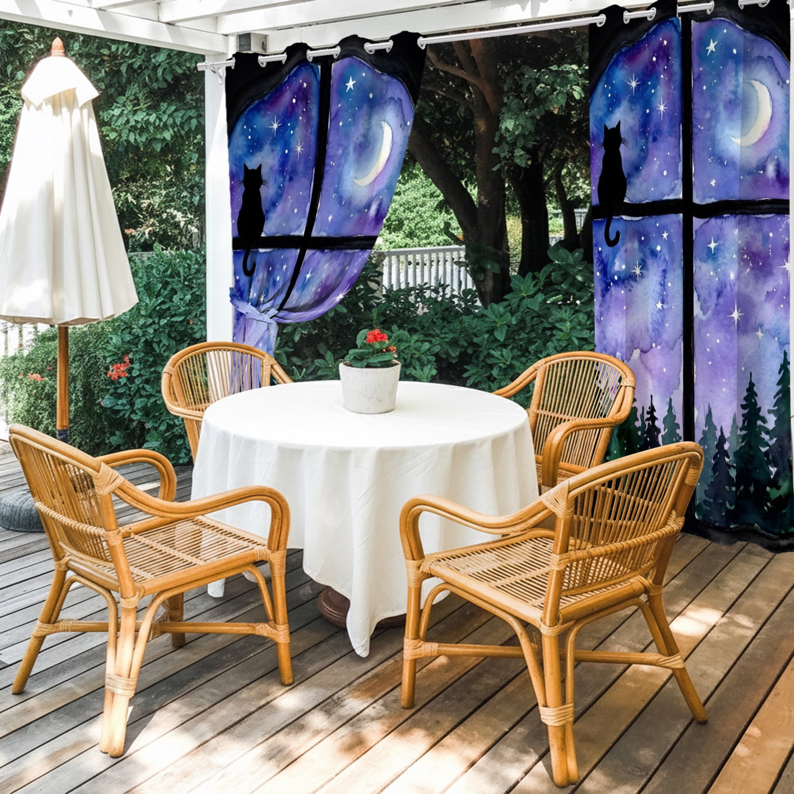 Night Window View Outdoor Curtains for Patio, Cat Moon Forest Starry Sky Sunshade Privacy Drapes Grommet Waterproof Outside Curtains for Porch/Cabana/Balcony 54"x 84", 1 Panel