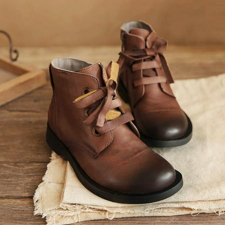 

Cathalem Womens Boots Heeled Retro Women Leisure Solid Color Square Heels Lace Up Short Booties Round Toe Shoes Shoes Brown 9
