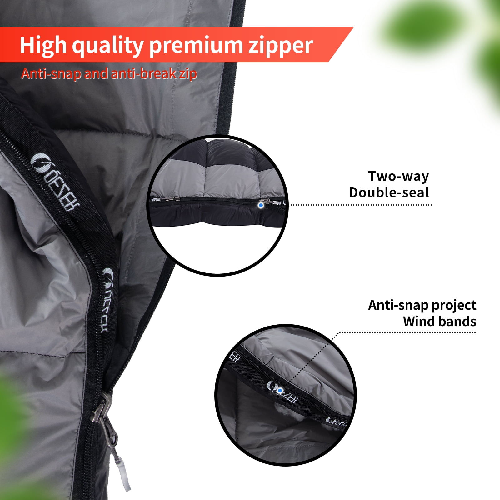 QEZER Ultralight Down Sleeping Bag Adults For 3 Seasons 40℉-53℉, Camping and Traveling