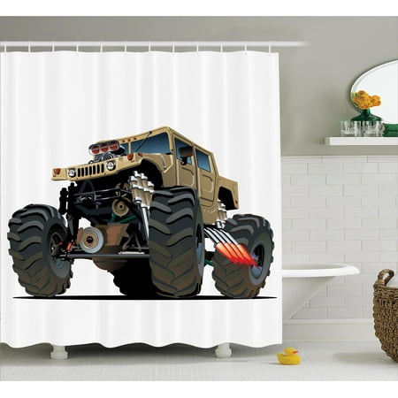 Oversized Shower Curtain Cars Shower Curtain, Extremely Large Giant Monster Pickup Truck with Huge with Oversized Tires Race Illustration, Fabric Bathroom Set with Hooks, Multi, by Ambesonne ()