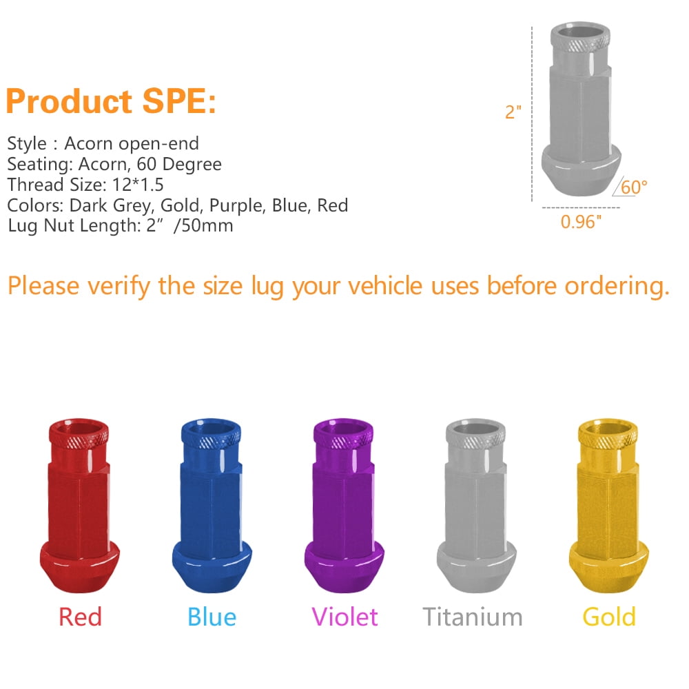 Set of 20 Grey Aluminum Extended Lug Nuts Thread M12x1.5 Universal