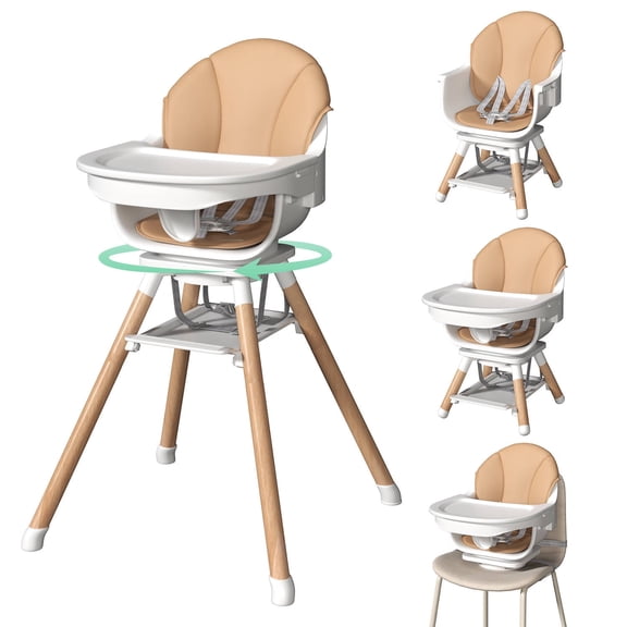 Baby High Chair, 6 in 1 Convertible High Chairs for Babies and Toddlers Wooden Kids Learning Table with 5-Point Harness,360°Rotating Seat Removable Double Tray