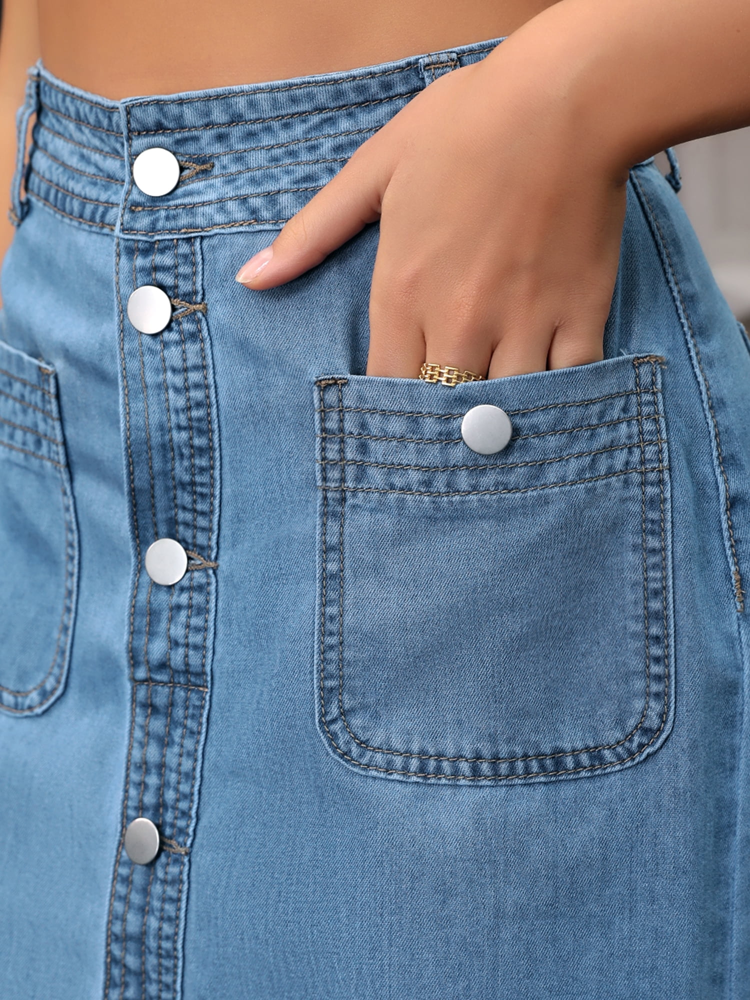 DARING DIVA Women's Slit Back Midi Denim Pencil Skirt with Pockets 2XL Light Blue