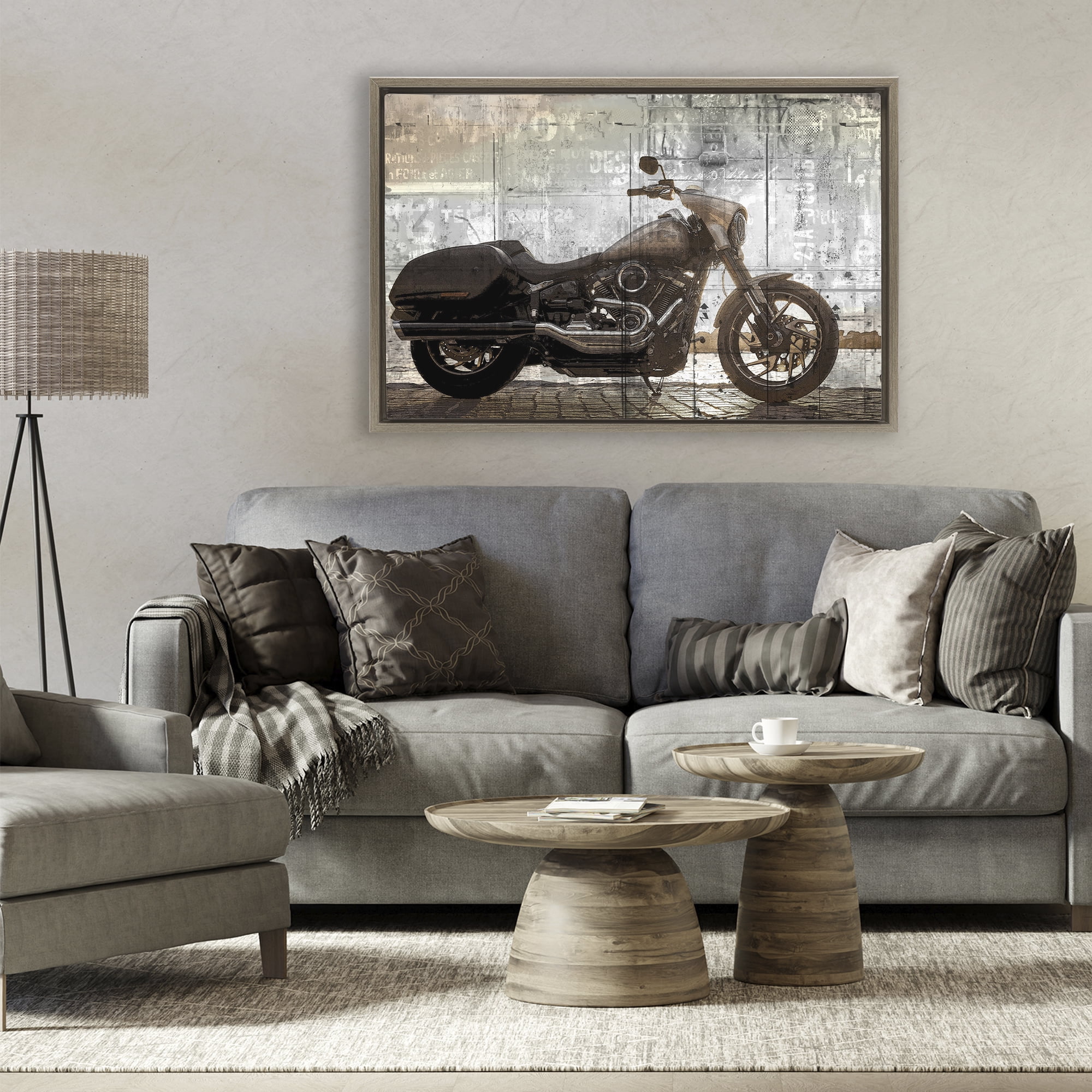 Stupell Industries Sunset Ride Motorcycle Brown Framed Floater Canvas Wall Art, design by Kim Allen
