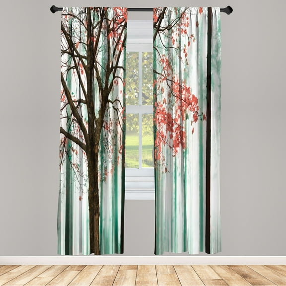 Ambesonne Autumn Curtains, Lonely Tree Leaves Woods, Pair of 28"x95", Salmon Turquoise