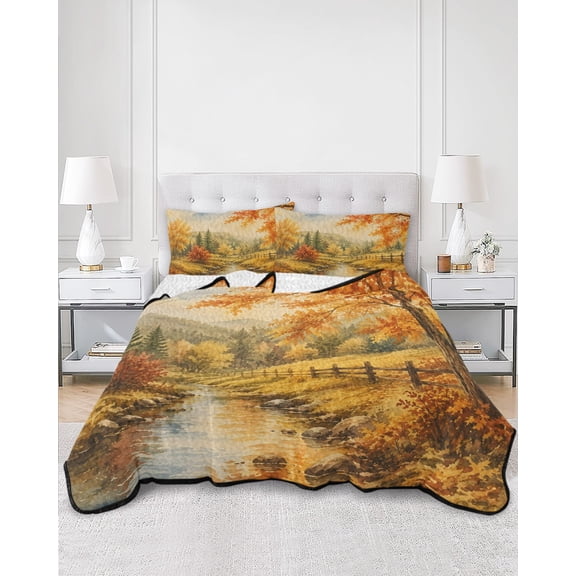 Quilts King Size, Fall Forest Soft Comforter Bedding Set for Bed, Autumn Country Orange Maple Trees River Lightweight Quilted Bedspread with Pillow Cover(2 Pieces) for All Season, 96x106 Inch