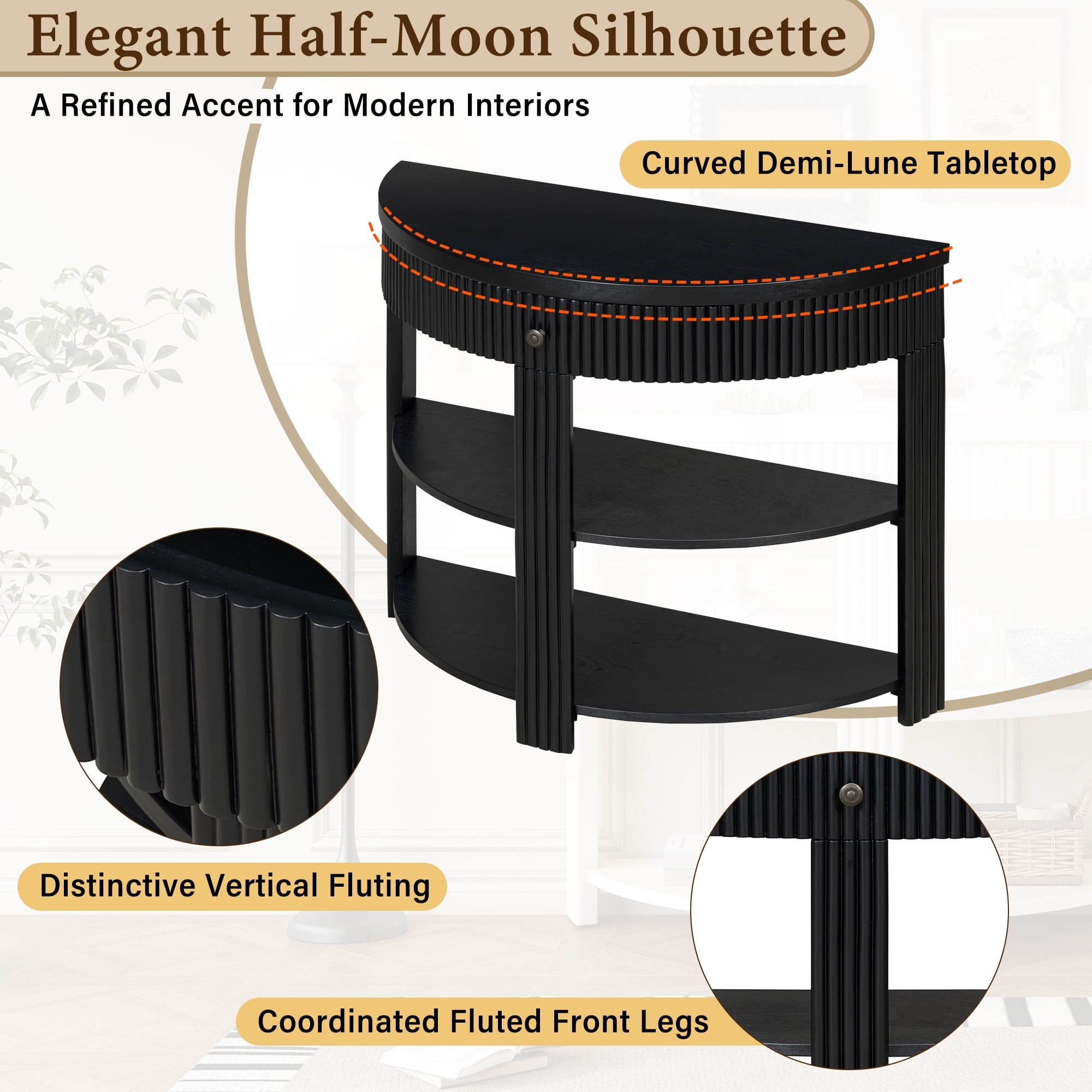 Aukfa 37" Fluted Half Moon Console Table with Drawer & Open Shelves, Entryway Accent Table for Living Room Hallway, Black