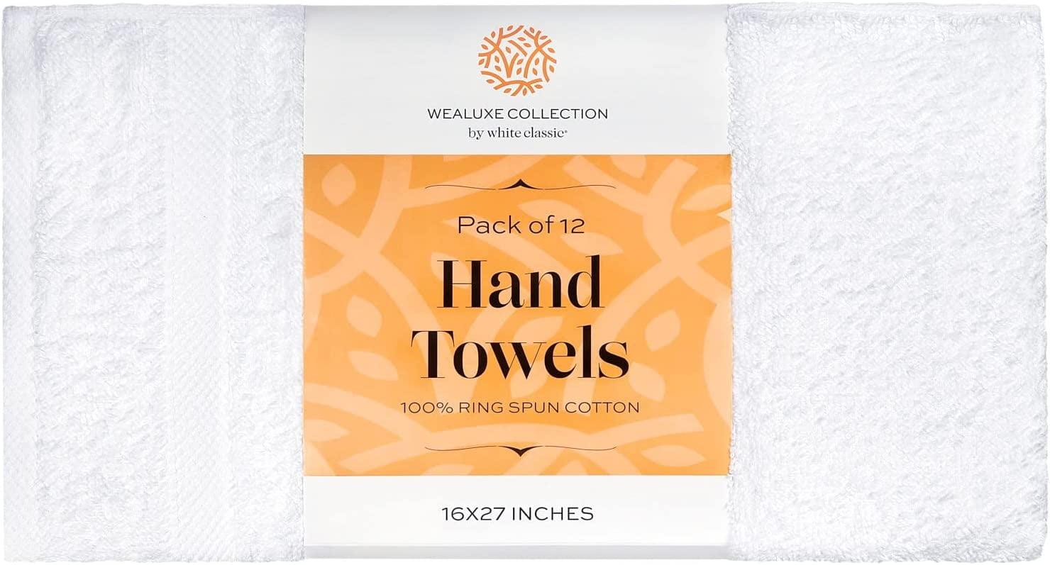 (3 pack) White Classic Wealuxe Collection 100% Cotton Hand Towels, White, 16 x 27, 12 Pack