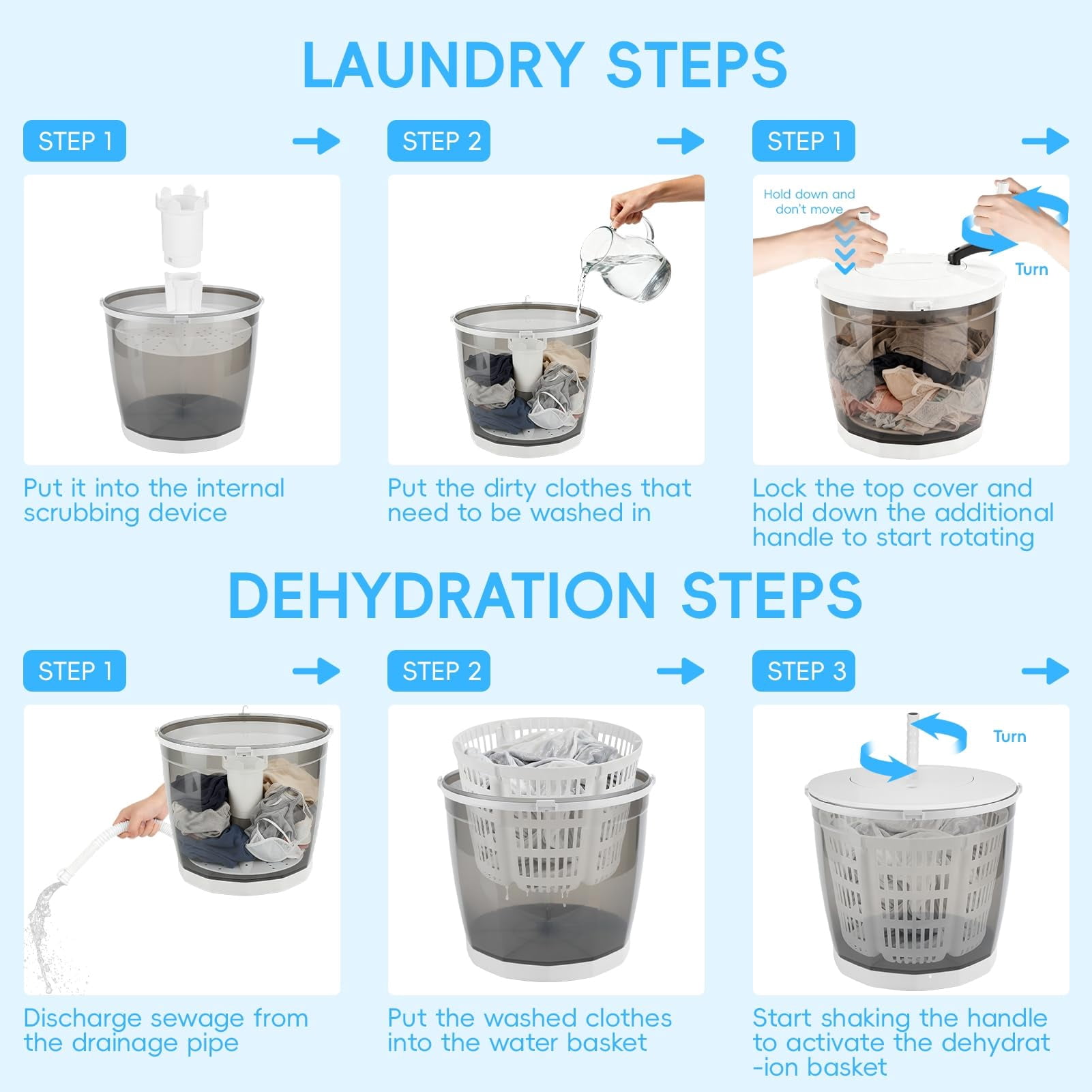 2 in 1 Portable Manual Washing Machine,No Electricity Needed, Suction Cup Base,4.4lbs Wash Capacity,Portable Washer & Spin Dryer for Camping, Dorm, Travel