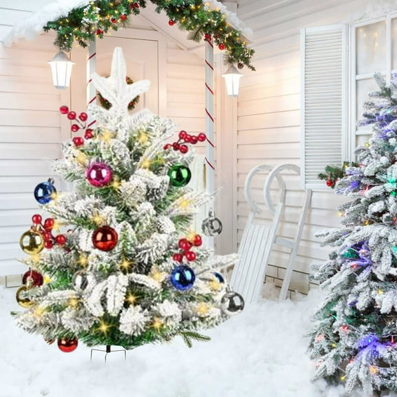 24 inch Christmas Tree,Artificial Mini Christmas Tree with LED Lights, Snowy Spruce Xmas Tree with Pine Cones and Red Berries, Holiday Outdoor Christmas Decorations,Burlap Base(E)