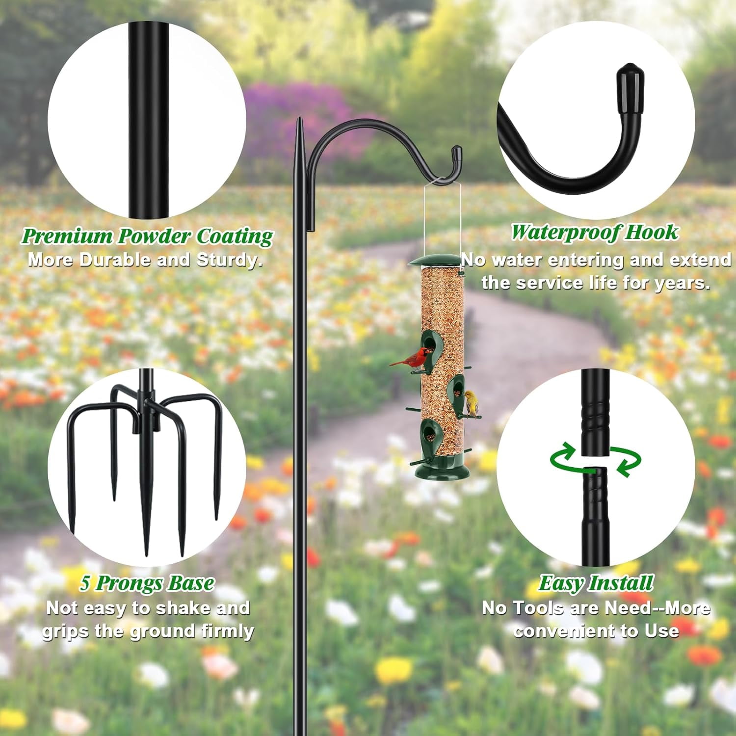 Adjustable Outdoor Shepherd Hook Bird Feeder Pole with 5 Prongs Base, 60 Inch Tall 5/8 Inch Thick, Heavy Duty Shepard Hook Stand for Hanging Bird Feeders, Plant Baskets, Black (1 Pack)
