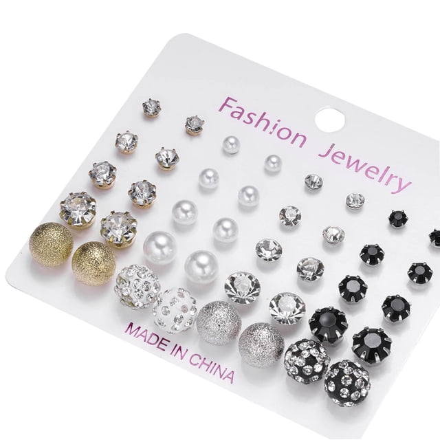 Xihbxyly Nuevos Pendientes de Circonita con Tarjeta de Papel, 12 Pares de Pendientes de Perla con Tarjeta para Mujer.