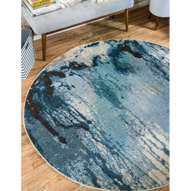Unique Loom Tapis Rond Abstrait Moderne de la Collection Estrella, 8 Pieds, Bleu Clair/beige