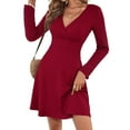 thumbnail image 3 of Womens Fall Long Sleeve Mini Dress Wrap V Neck Flowy Swing A-Line Casual Dressy Business Work Dresses Wine Red XXL, 3 of 8