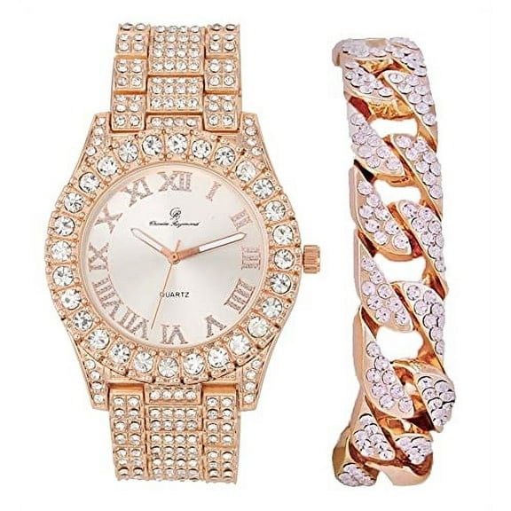 Charles Raymond Mens Silver Big Rocks with Roman Numerals Fully Iced Out Colorful Dial Wristwatch w/Blinged Out Cuban Shiny Silver Bracelet - ST10327 RN Cuban (Rose Gold)