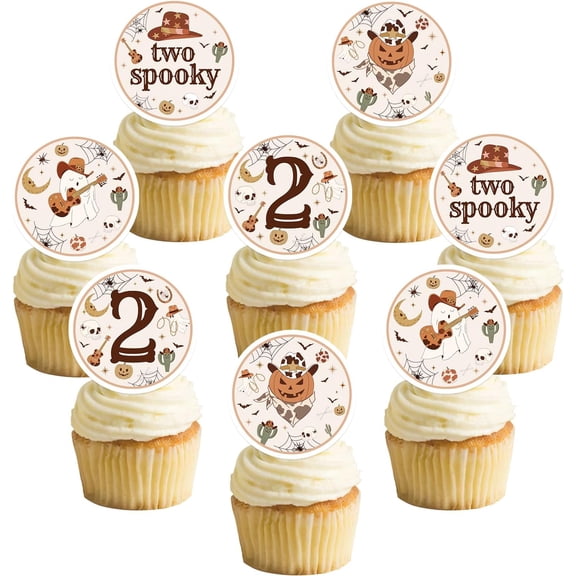 24Pcs Halloween Western Cowboy 2nd Birthday Cupcake Toppers 2nd Birthday Party Decoration Two Spooky Pumpkin Halloween Theme Cake Decoration for Halloween Cowboy Second Birthday Party Decor Supplies