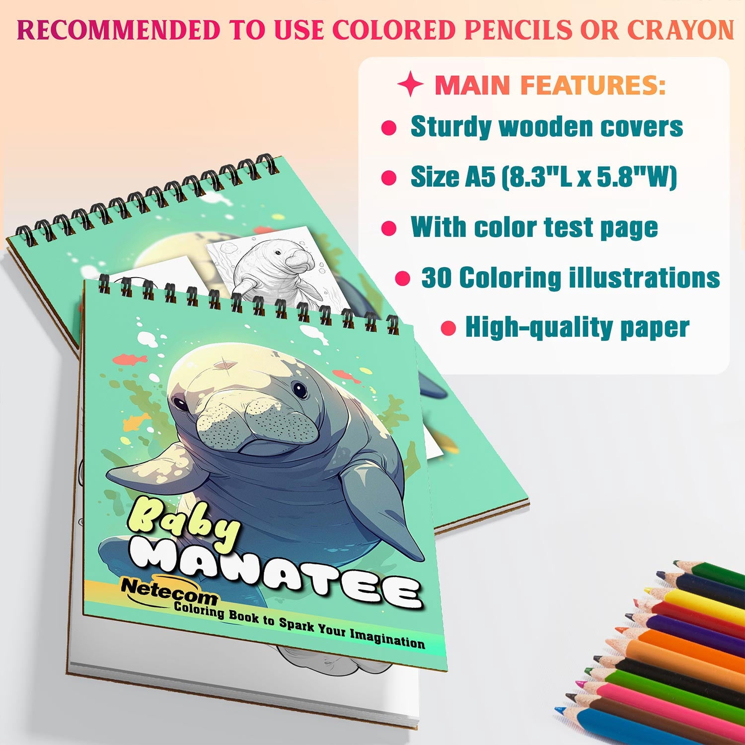 Netecom Baby Manatee Coloring Book for Adults, A5 Wooden Cover, 30 Cute Coloring Pages of Sea Cow for Stress Relief and Relaxation, Spiral Bound Edition