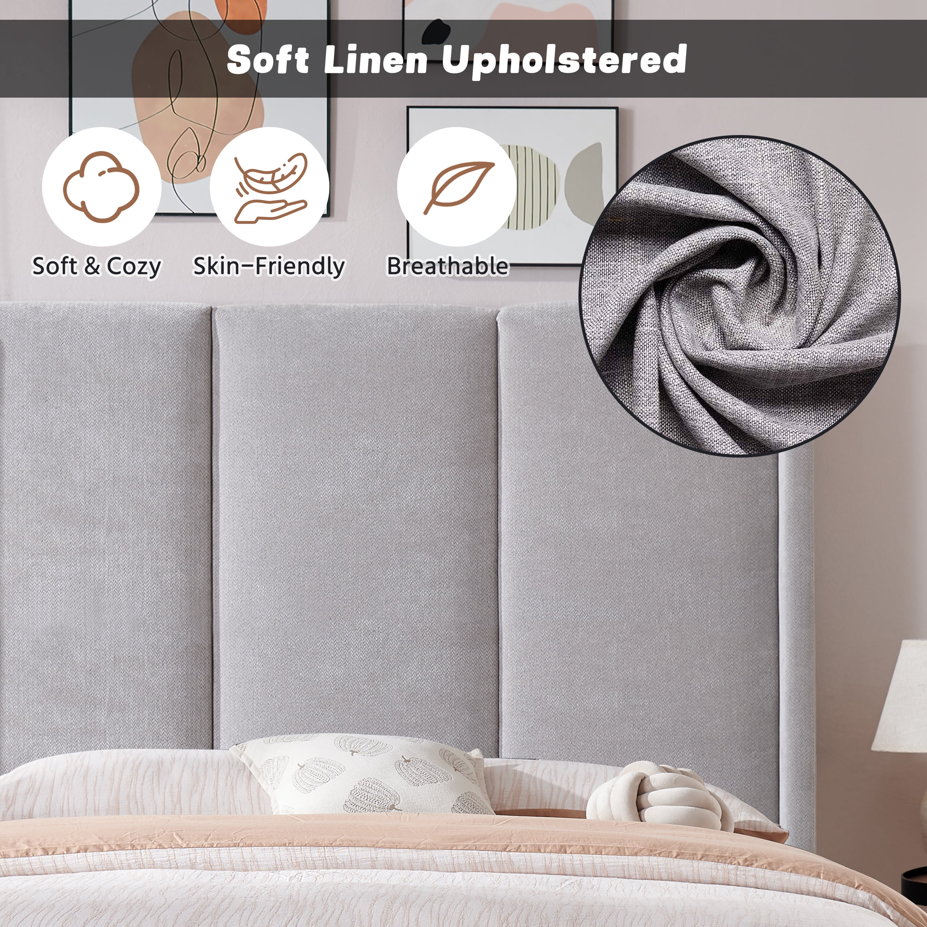 King Size Bed Frame and Upholstered Headboard, Solid Wood Platform Bed with Storage Drawers, Durable Wooden Slats, Solid and Stable, Noiseless, No Box Spring Needed, Easy Assembly, Light Gray