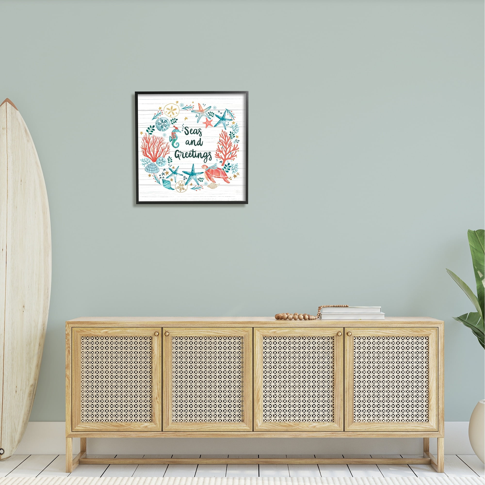 Stupell Industries Seas And Greetings Warm Nautical Holiday Wreath Graphic Art Black Framed Art Print Wall Art, Design by Sharon Lee