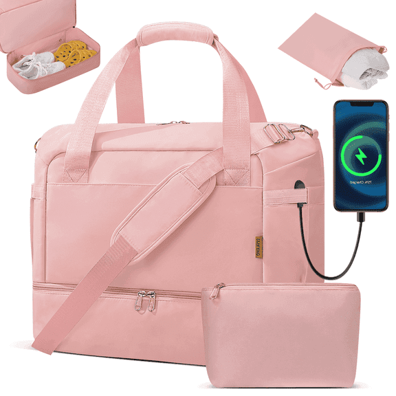 3 Pcs Set Travel Duffle Bag for Women, Gym Weekender Overnight Bags with Shoe Compartment & Wet Pocket, Carry On Tote Bag with Shoes Bags for Hospital, Large Size, Pink