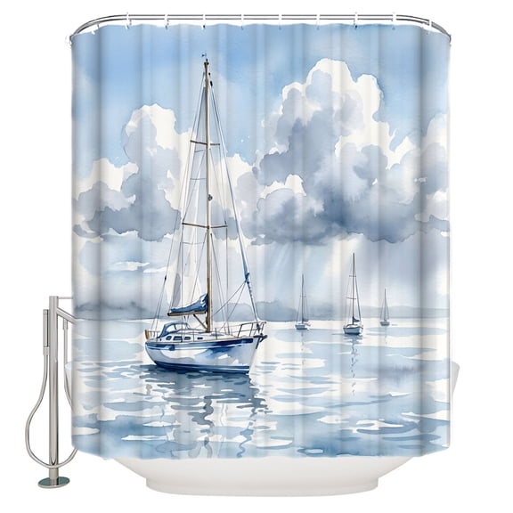 Nautical Sailboat Bathroom Shower Curtains with 12 Hooks Waterproof Shower Curtain for Stalls and Bathtubs Blue Grey Watercolor Coastal Waves Cloud Decorative Bathroom Privacy Curtain 60x72 Inches